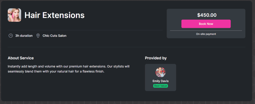 Screenshot of a hair extensions service listing: $450, 3-hour duration at Chic Cuts Salon, provided by Emily Davis. Includes a 'Book Now' button and service description.