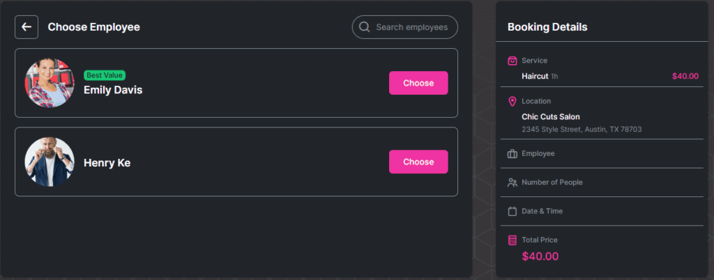 Booking interface showing two employee options, Emily Davis and Henry Ke, with service and price details for a $40 haircut at Chic Cuts Salon on the right.