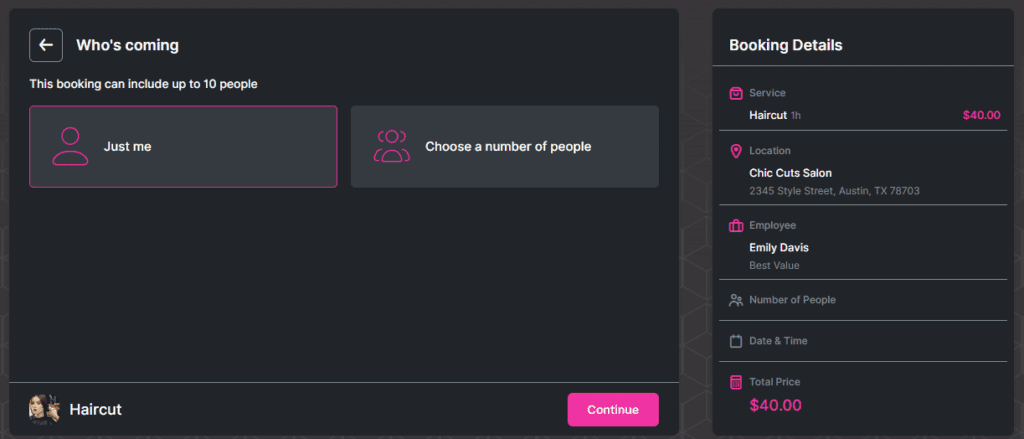 Booking interface showing options for individual or group appointment and a summary of a $40 haircut booking at Chic Cuts Salon with Emily Davis in Austin, TX.