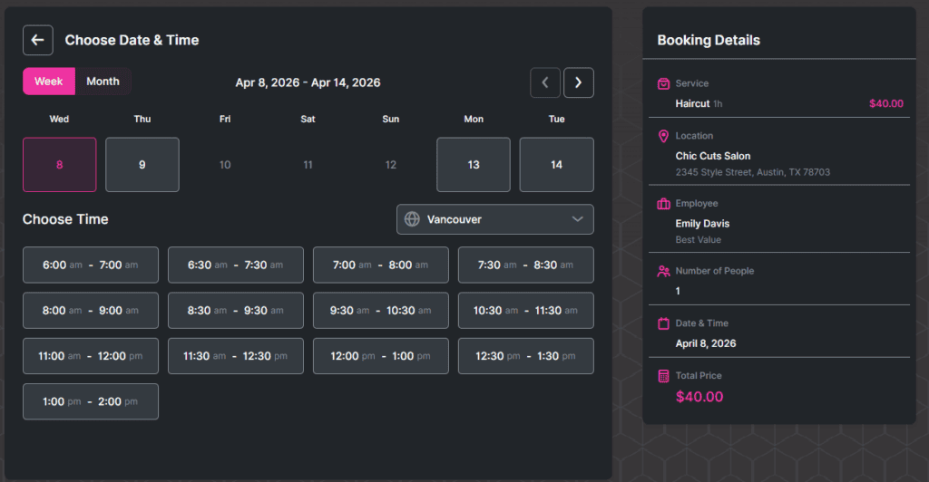 Online booking interface showing a haircut appointment scheduled for April 8, 2026, at 6:00 am in Vancouver, with service details and total price of $40 listed.