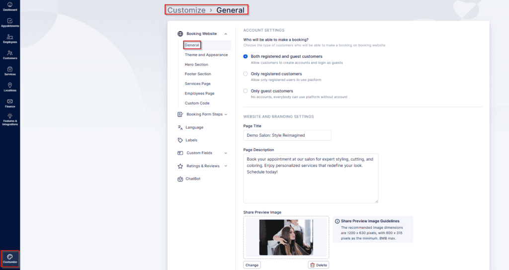 Screenshot of a website settings page under "Customize > General," showing options for booking, branding settings, and a section to upload a share preview image.