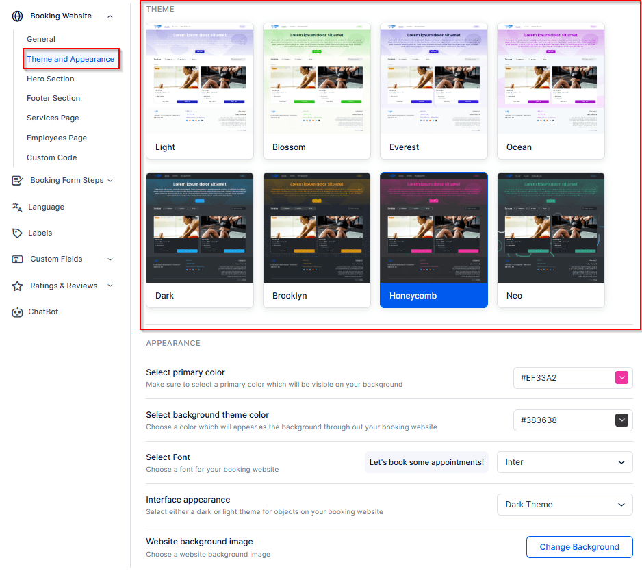 Screenshot of a website settings page showing theme options, including Light, Blossom, Everest, Dark, Brooklyn, and Honeycomb, with appearance customization settings below.