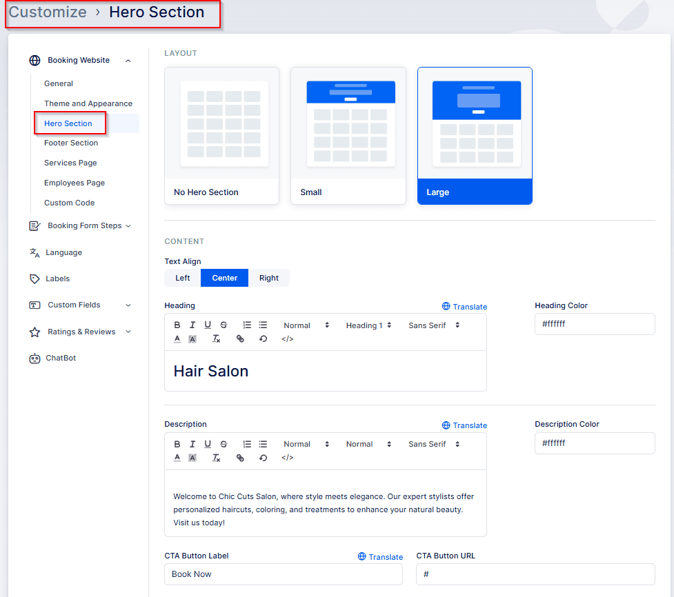 Screenshot of a website customization page showing options to edit the hero section, including layout, heading, color, description, and call-to-action button settings for a hair salon.