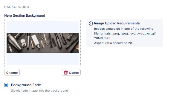 Screenshot showing a website interface for uploading a hero section background image, with a tools image selected and image upload requirements listed to the right.