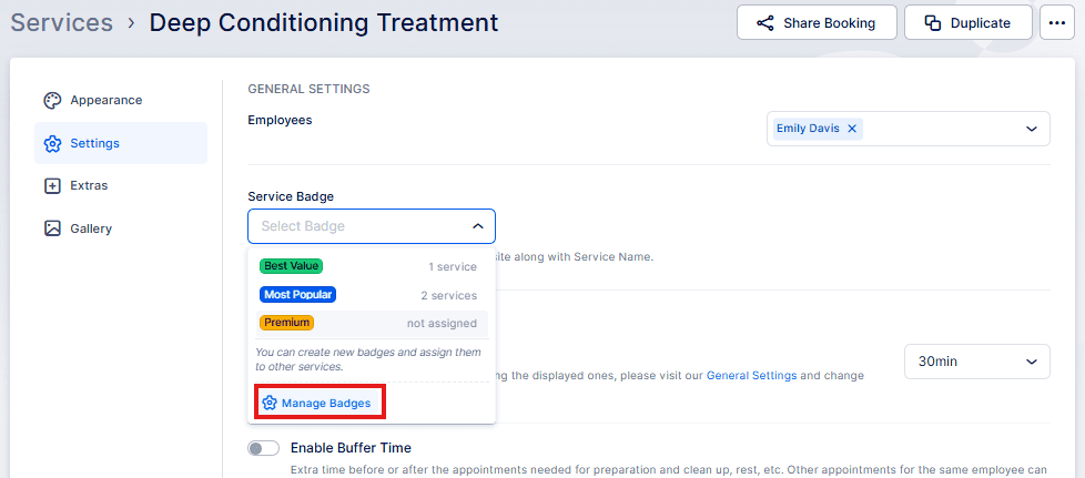 Settings page for a deep conditioning treatment service, showing service badge options and a highlighted “Manage Badges” link.