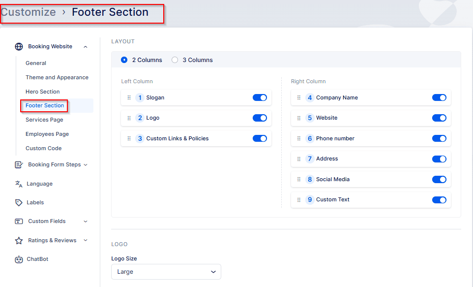 Screenshot of a website customization interface showing options for editing the footer section, including layout, logo size, and footer content toggles.