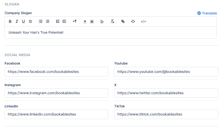 A company slogan input field and six social media link fields for Facebook, Instagram, LinkedIn, YouTube, X, and TikTok, each filled with example URLs.