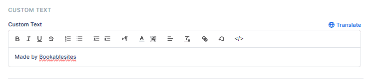 A text editor interface with formatting options and a text field displaying: "Made by Booklabelists" with a red underline under "Booklabelists.