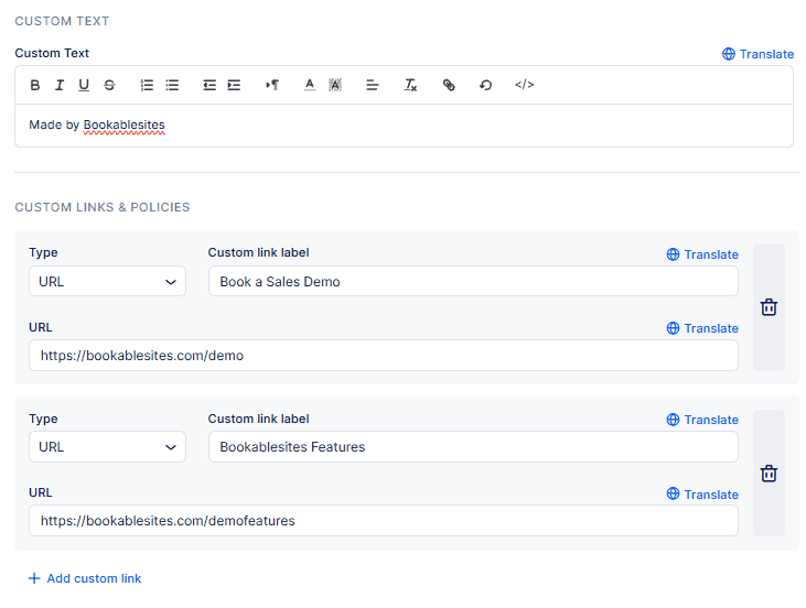 Screenshot of a web interface showing custom text and custom links setup, including fields for text, link labels, and URLs for a website called BookableSites.