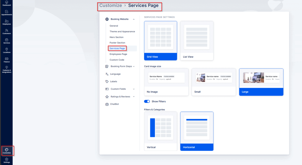 Screenshot of a website admin panel showing 'Services Page' settings under 'Customize', with options for layout, image size, filters, and categories.