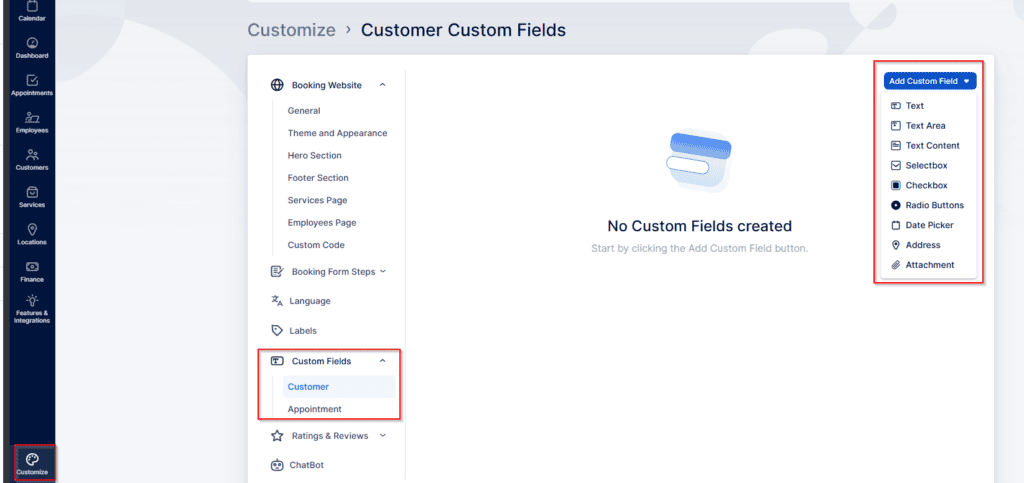 Dashboard interface for customizing customer fields, showing no custom fields created yet and options to add new field types such as text, checkbox, date, and attachment.