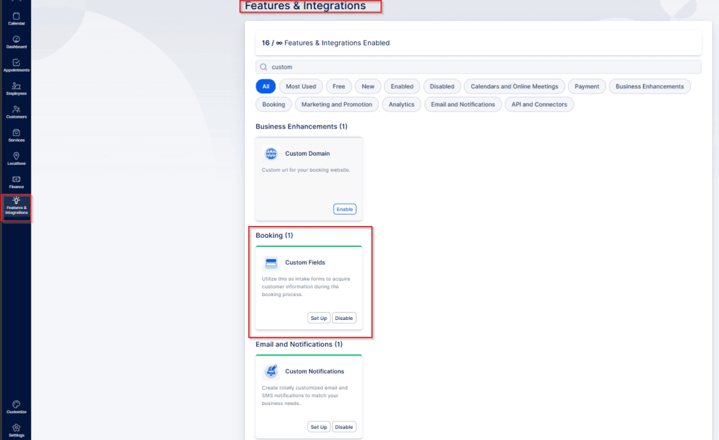 Screenshot of a Features & Integrations page showing the "Custom Relist" option under the Booking section, with buttons to enable or disable the feature.
