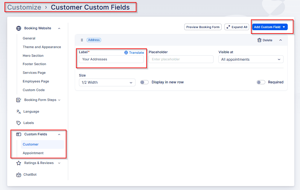 Screenshot of a web interface for customizing customer custom fields, showing settings for a field labeled "Your Addresses" under the "Custom Fields" menu.