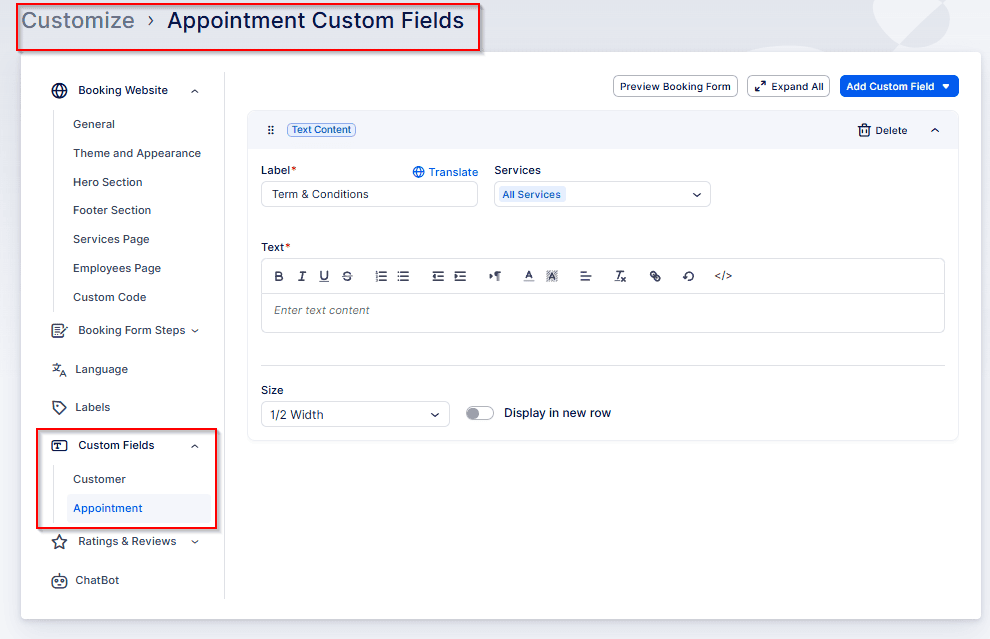 Screenshot of a web interface showing the customization of appointment custom fields, with text editing options and navigation menu on the left.