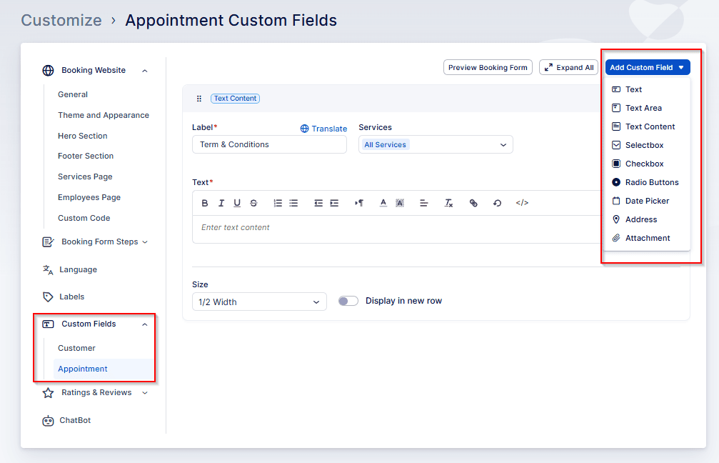 A customization interface displays options to add custom fields to an appointment form, with selectable field types listed on the right sidebar.