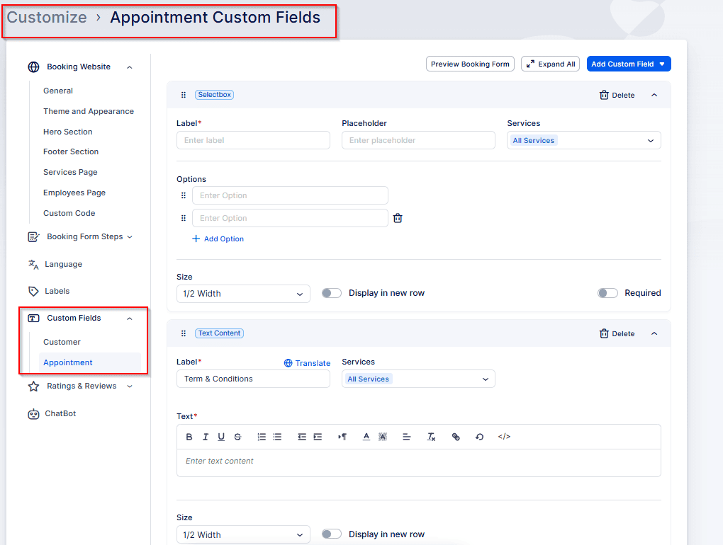 Screenshot of a web interface for customizing appointment custom fields, showing options to edit labels, placeholders, options, and display settings for booking forms.
