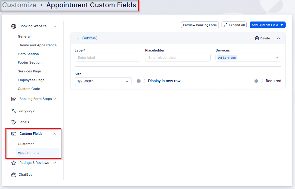 Screenshot of a web interface for customizing appointment custom fields, showing options to add and edit label, placeholder, services, width, and display settings.