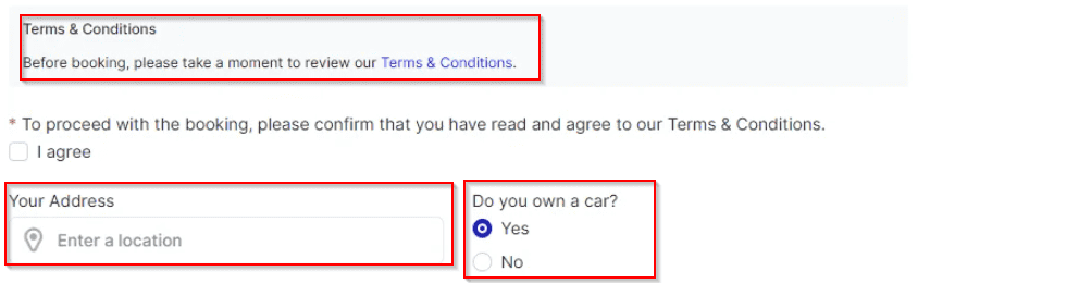 Screenshot showing a booking form with fields for address, a car ownership question, and checkboxes to agree to terms and conditions.