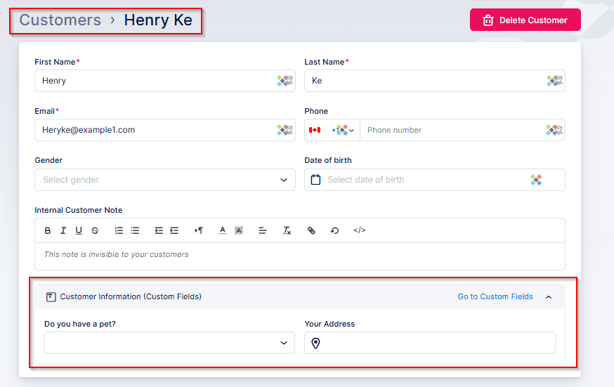 A customer profile form for Henry Ke is shown, including fields for name, contact details, gender, date of birth, and custom fields for pet ownership and address.