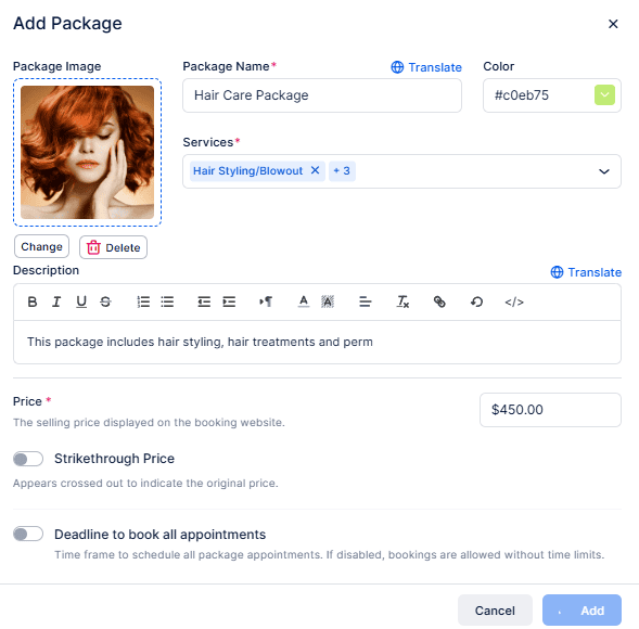 Screenshot of an online form for adding a hair care package, showing fields for package image, name, color, services, description, price, and booking deadline options.