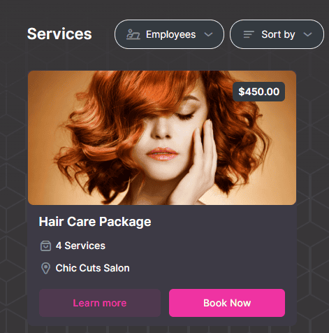 Service listing for a Hair Care Package at Chic Cuts Salon featuring a woman with curly red hair; price is $450.00, includes 4 services, with "Learn more" and "Book Now" buttons.