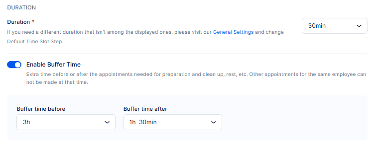 A scheduling interface showing a 30-minute duration with buffer time enabled, set to 3 hours before and 1 hour 30 minutes after each appointment.