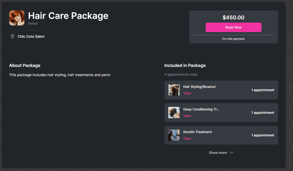 Screenshot of a salon booking page for a $450 Hair Care Package at Chic Cuts Salon, listing included hair styling, conditioning, keratin, and perm treatments.