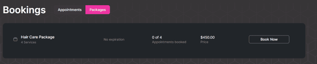 Booking page showing a hair care package with 4 services, no expiration, $4500 price, 0 of 4 appointments booked, and a "Book Now" button.