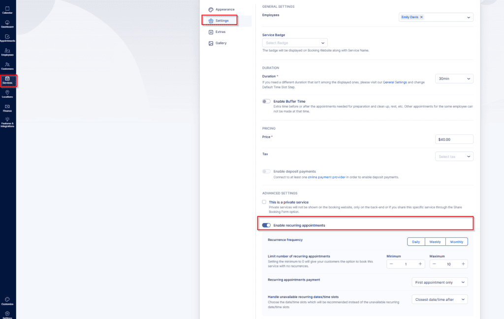 A web application settings page with the "Enable recurring appointments" option highlighted under the "Advanced Settings" section. The "Settings" menu is selected on the sidebar.