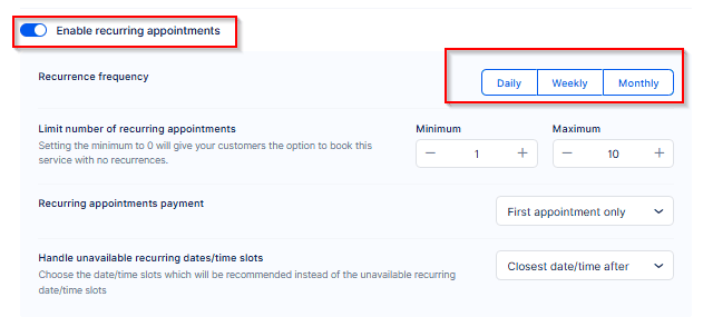 Settings interface for enabling recurring appointments, with options for daily, weekly, or monthly frequency and fields to set limits and payment preferences.