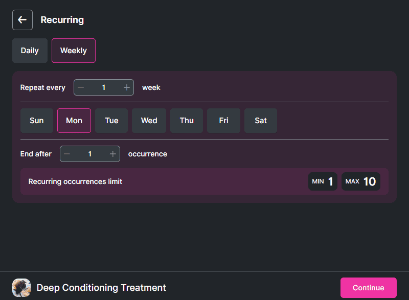 A scheduling interface shows a weekly recurring event set for Mondays, with a limit of 1 to 10 occurrences. "Deep Conditioning Treatment" is listed at the bottom.
