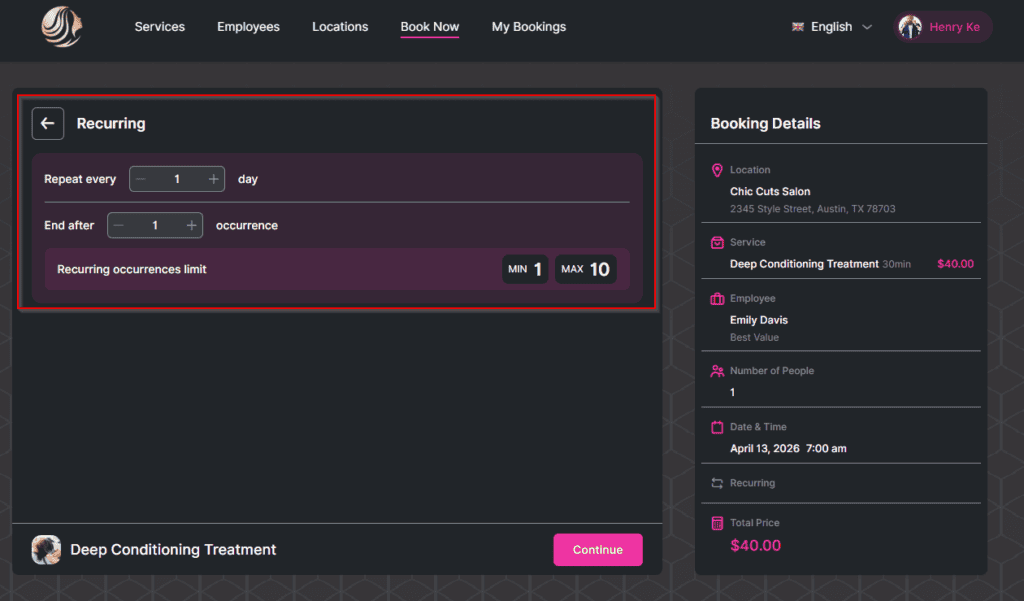 Screenshot of an online booking page for a hair salon, showing recurring appointment options and booking details for a Deep Conditioning Treatment totaling $40.