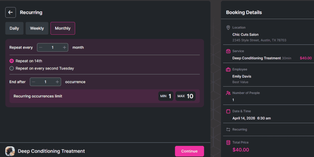Screenshot of a salon booking interface showing monthly recurring appointment options and booking details for a deep conditioning treatment on April 14, 2026, at 6:30 am.