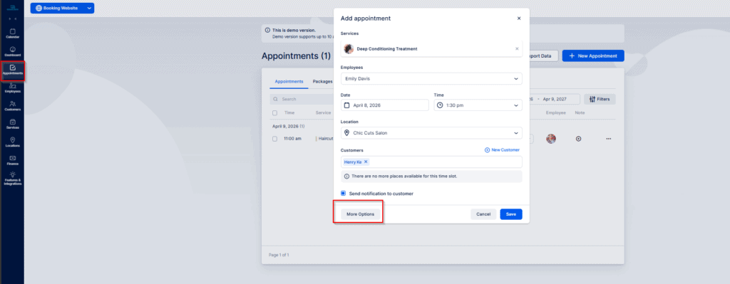 A software interface shows an "Add appointment" popup for booking a salon service, with fields for service, employee, date, time, location, customer, and a highlighted "More Options" button.