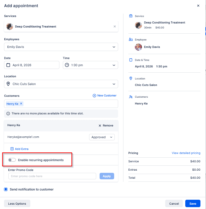 Screenshot of an appointment booking form for a Deep Conditioning Treatment, showing details for customer Henry Ke and the option to enable recurring appointments highlighted.