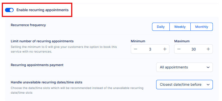 Settings interface for enabling recurring appointments, showing options for frequency, appointment limits, payment, and handling unavailable date/time slots.