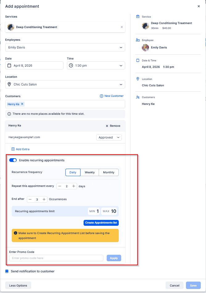 Screenshot of an appointment scheduling form for a deep conditioning treatment, with options for recurring appointments highlighted and editable fields for date, time, location, and customer.