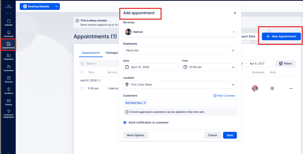 A user interface for booking a new appointment, showing fields for service, employee, date, time, and location. The "New Appointment" button and "Add appointment" header are highlighted.