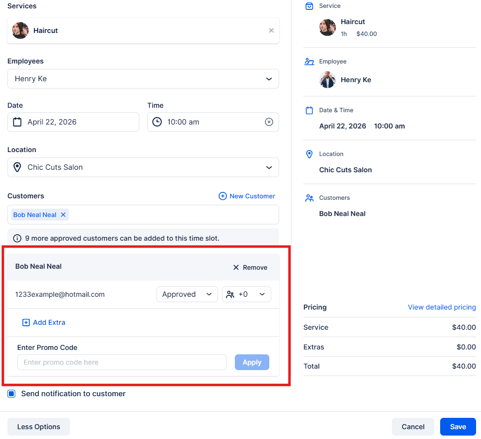 A booking form for a haircut appointment shows customer details, employee, date, time, location, and pricing. The customer info section is highlighted with a red box.