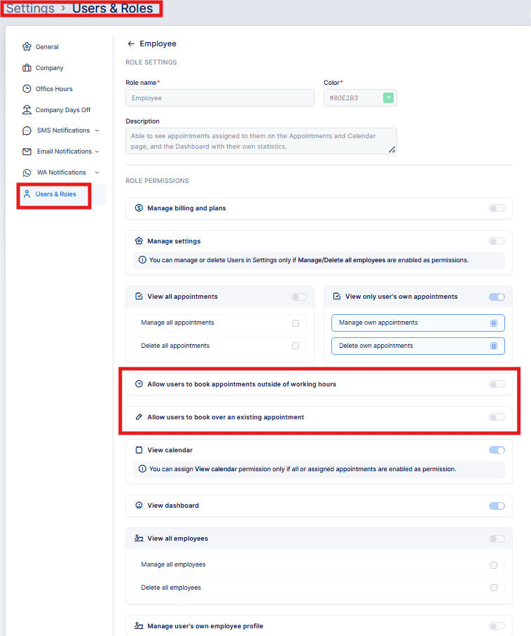 Settings page showing "Users & Roles" for employee, with options to manage bookings, view appointments, and allow booking outside working hours or over existing appointments highlighted.