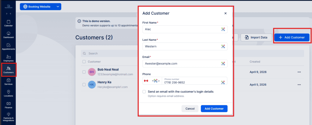 A software interface showing a pop-up form titled "Add Customer" with fields for name, email, and phone, highlighted in red. The "Add Customer" button is on the right.
