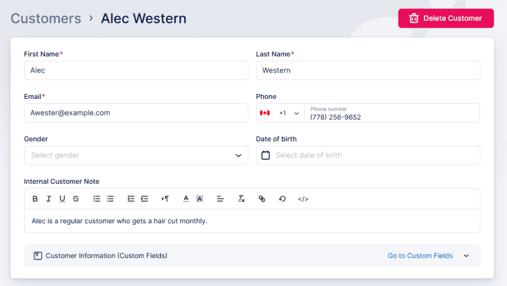 Customer profile form for Alec Western showing fields for name, email, phone, gender, date of birth, customer note, and buttons for deleting customer and custom fields.
