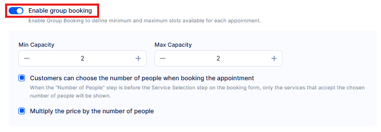 A group booking settings screen with "Enable group booking" toggled on, min and max capacity set to 2, and two options with checkboxes below.