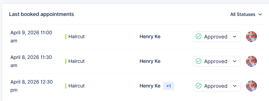Screenshot of a booking management system showing three approved haircut appointments for Henry Ke on April 8 and 9, 2026, with times listed and status set to approved.