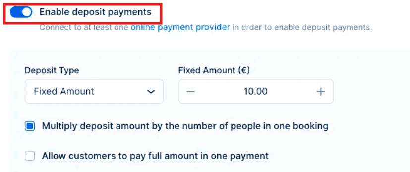 A payment settings interface shows "Enable deposit payments" toggled on, with options for deposit type, amount, and two additional payment-related checkboxes.
