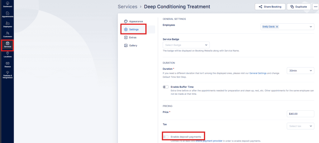 A service settings page for "Deep Conditioning Treatment" with "Settings" and "Enable deposit payments" options highlighted.