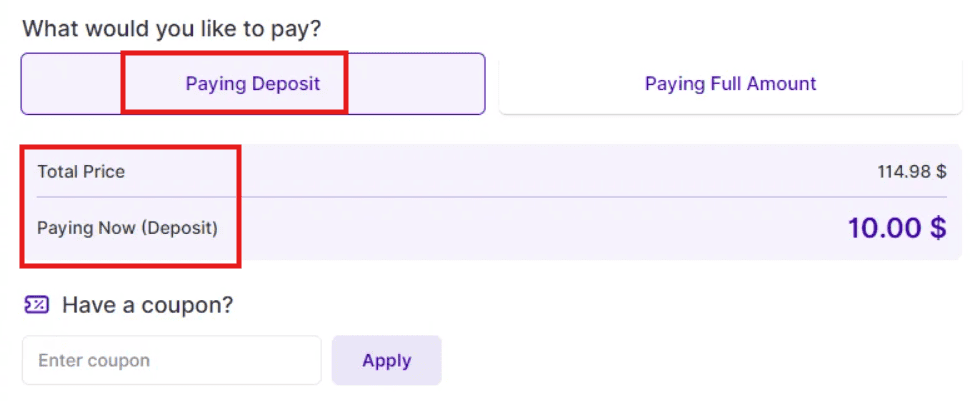 Online payment form showing "Paying Deposit" selected, total price as $114.98, and deposit amount to pay now as $10.00. Coupon entry field and apply button are below.