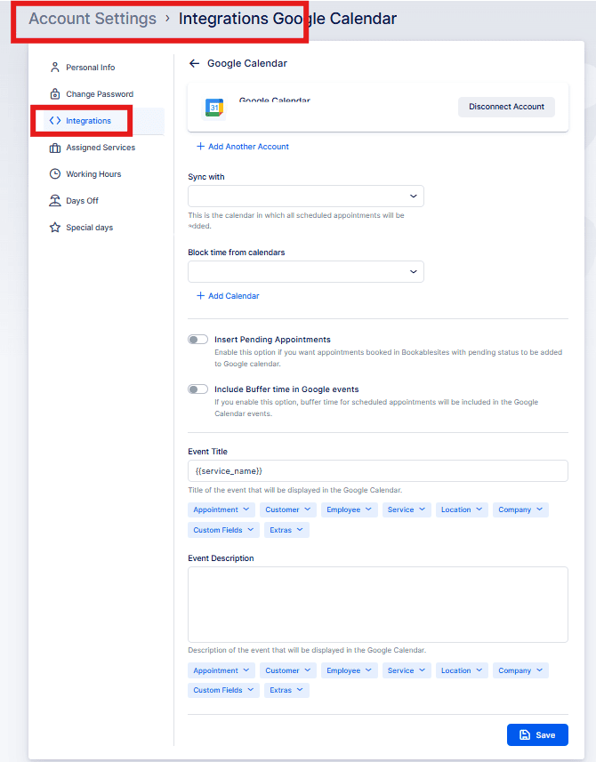 Screenshot of the "Integrations Google Calendar" settings page, showing options to sync, add calendars, set event titles, and customize buffer time in Booksaletix.