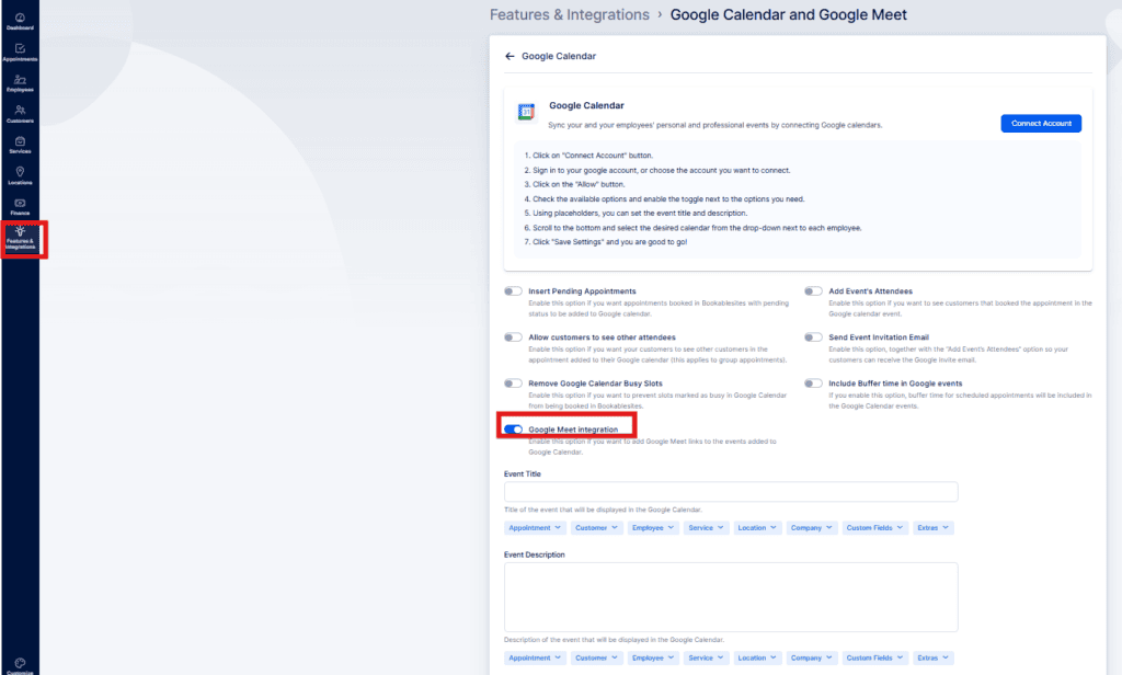 A software interface shows Google Calendar and Google Meet integration options; key sections and icons are highlighted with red rectangles.
