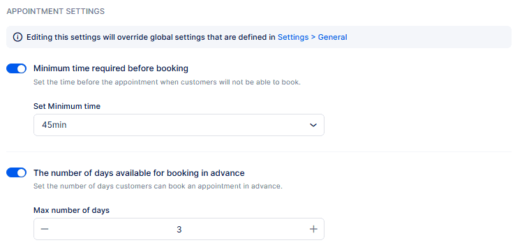 Screenshot of appointment settings showing options to set minimum time before booking (45 min) and maximum days available for booking in advance (3 days), both toggled on.